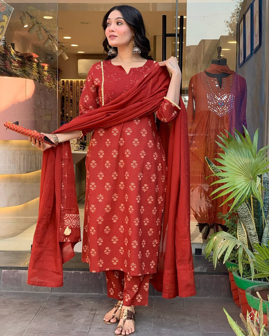 Cotton Block Printed Kurta with Pant and Designer Printed Dupatta