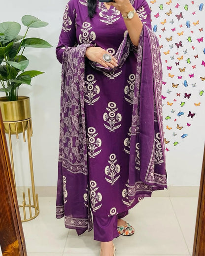 Dark Purple Designer Azrak Print Cotton Suit