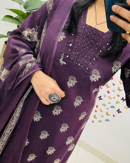 Purple Designer Handblock Print Kurti Pant and Dupatta Set