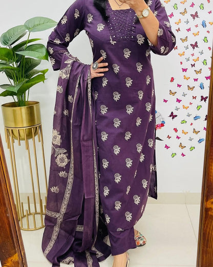 Purple Designer Handblock Print Kurti Pant and Dupatta Set