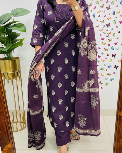 Purple Designer Handblock Print Kurti Pant and Dupatta Set