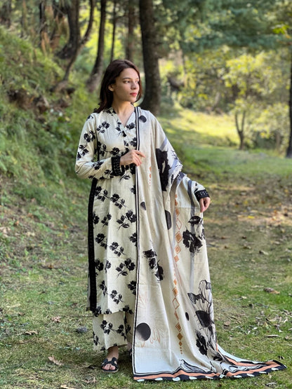 Floral Print Kurta Pant and Dupatta Set with Embroidery Work