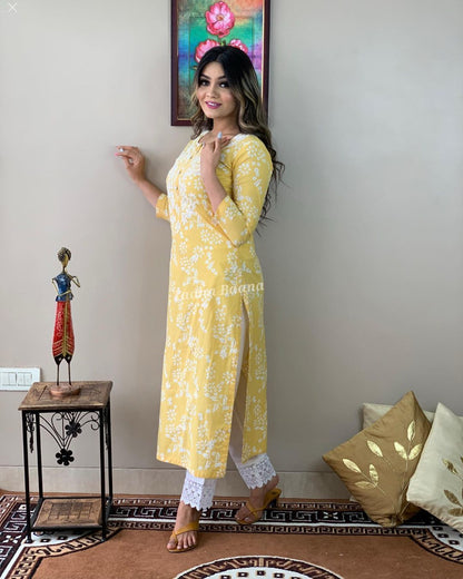Yellow Chikankari Embroidered Kurti with Pant