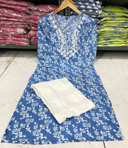 Sky Blue Chikankari Embroidered Kurti with Pant