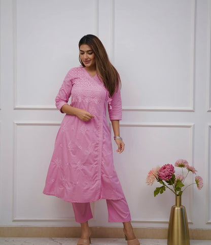 Pink Cotton Chikankari Angrakha Style Kurta and Pant Set