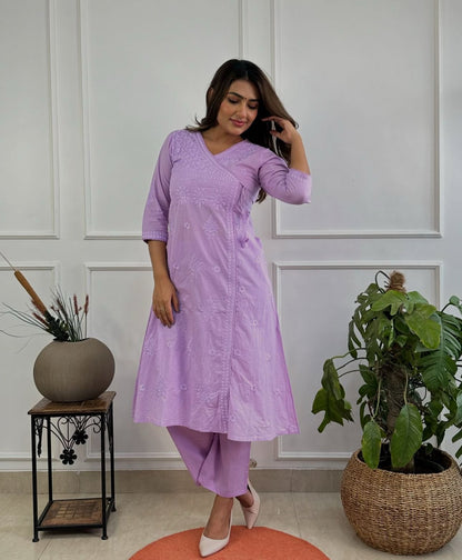 Pink Cotton Chikankari Angrakha Style Kurta and Pant Set