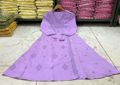 Pink Cotton Chikankari Angrakha Style Kurta and Pant Set