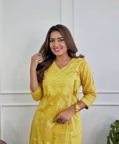 Yellow Cotton Chikankari Angrakha Style Kurta and Pant Set