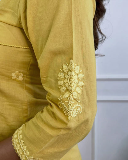 Yellow Cotton Chikankari Angrakha Style Kurta and Pant Set