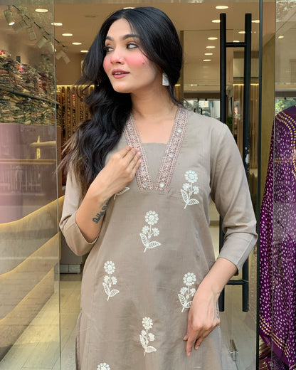 Biba Pure Cotton Fabric Kurti Pant With Malmal Dupatta(Grey)