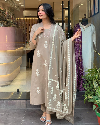 Biba Pure Cotton Fabric Kurti Pant With Malmal Dupatta(Grey)