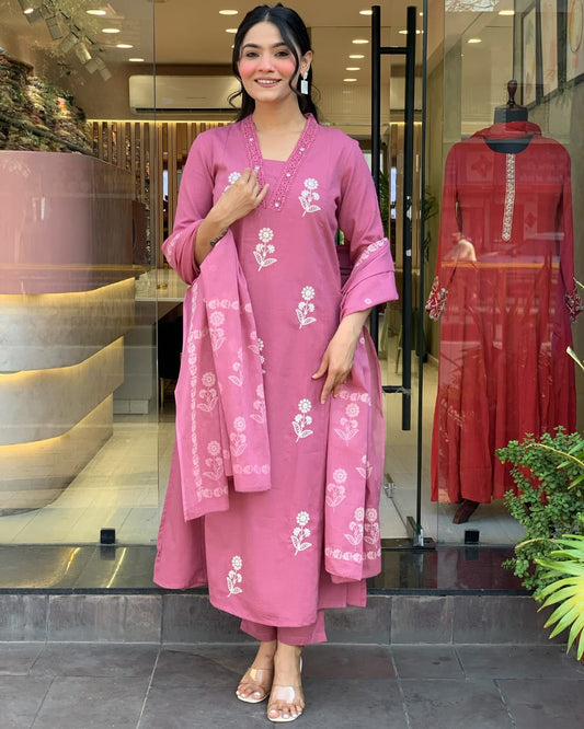 Biba Pure Cotton Fabric Kurti Pant With Malmal Dupatta(PINK)