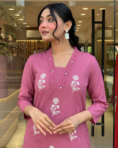 Biba Pure Cotton Fabric Kurti Pant With Malmal Dupatta(PINK)