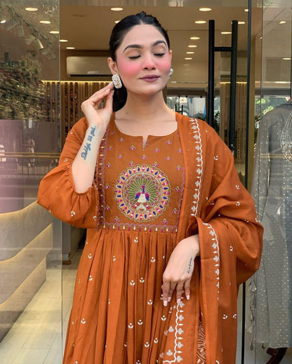 Orange Cotton Kurti Pant Dupatta Set