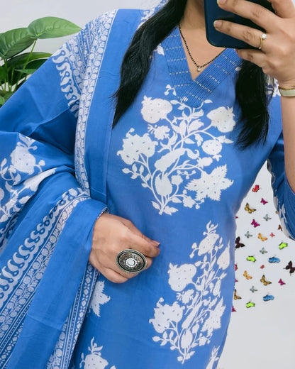 Sky Blue Premium Fine Cotton Kurta Set with Sequin Detailing Work