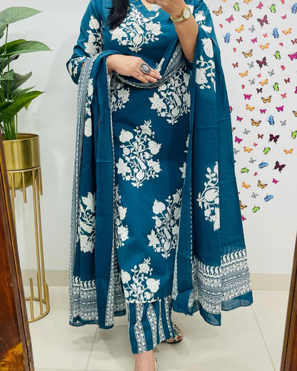 Blue Premium Fine Cotton Kurta Set with Sequin Detailing Work