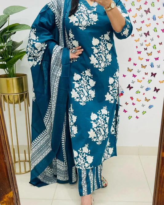 Blue Premium Fine Cotton Kurta Set with Sequin Detailing Work