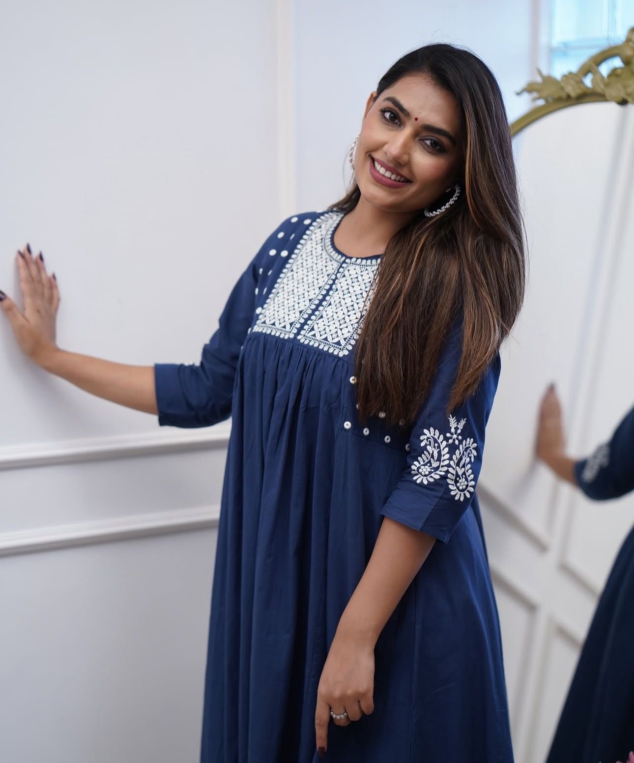 Pure Cotton Work Embroidered Kurti with Palazzo (Blue)