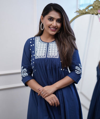 Pure Cotton Work Embroidered Kurti with Palazzo (Blue)