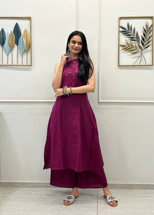 Wine Mirrar Work Embroidered Kurti with Palazzo