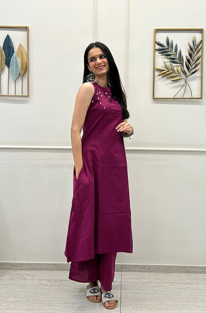 Wine Mirrar Work Embroidered Kurti with Palazzo