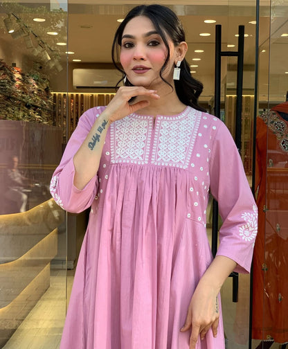 Pure Cotton Work Embroidered Kurti with Palazzo (Pink)