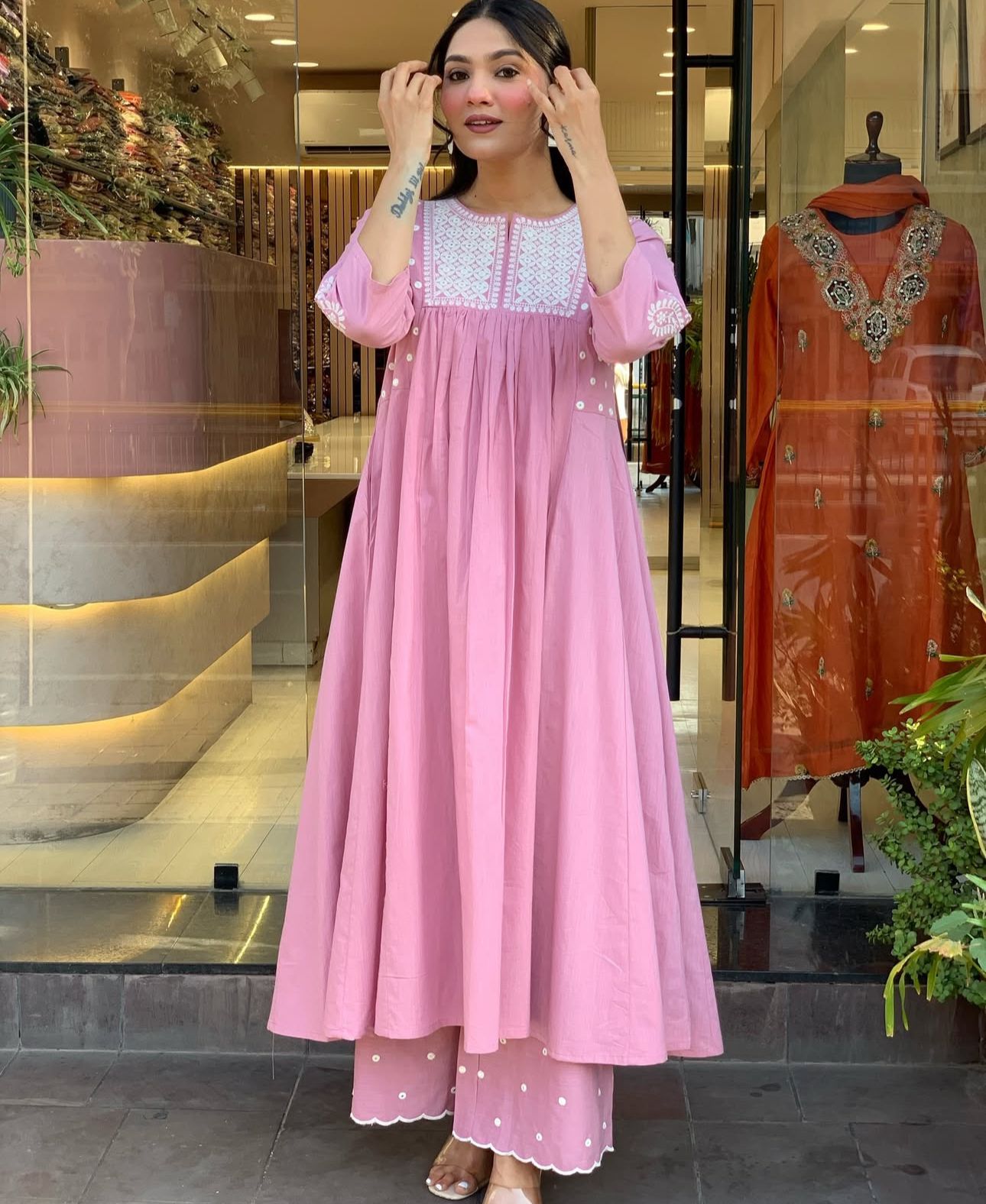 Pure Cotton Work Embroidered Kurti with Palazzo (Pink)
