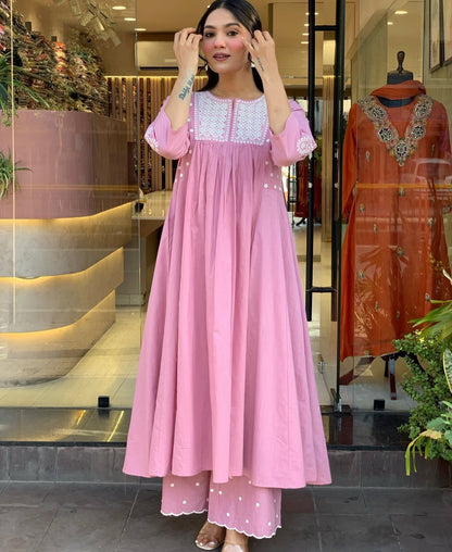 Pure Cotton Work Embroidered Kurti with Palazzo (Pink)