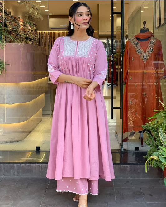 Pure Cotton Work Embroidered Kurti with Palazzo (Pink)