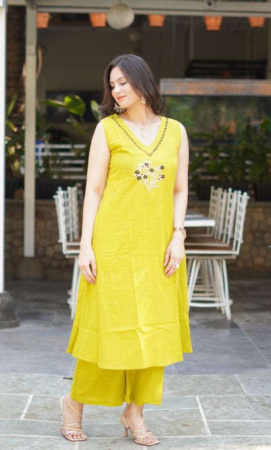 Yellow Work Embroidered Kurti with Palazzo