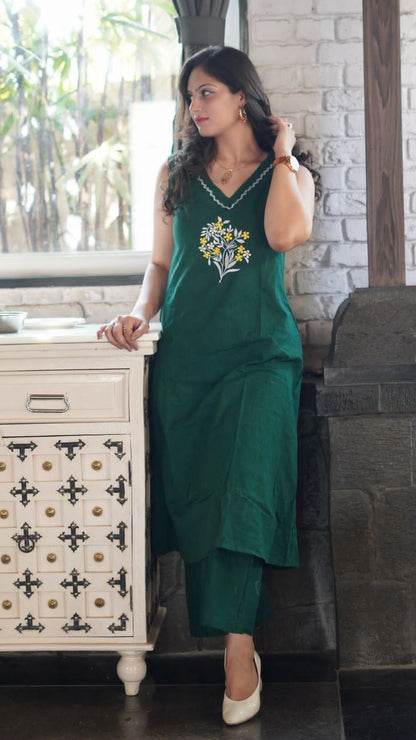 Green Work Embroidered Kurti with Palazzo (Copy)