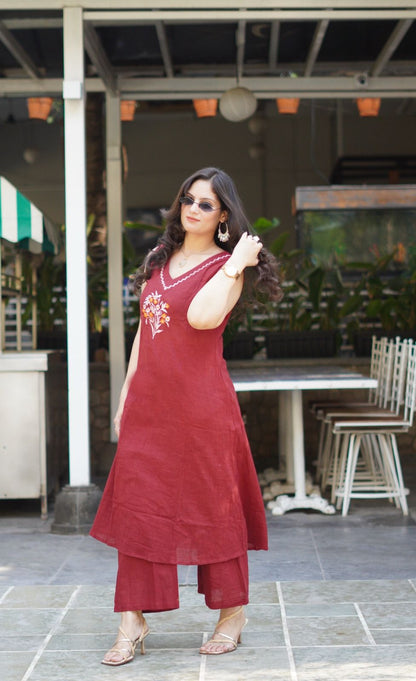 Maroon Work Embroidered Kurti with Palazzo