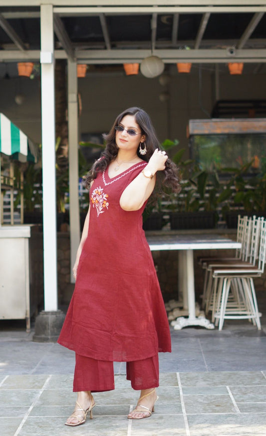 Maroon Work Embroidered Kurti with Palazzo