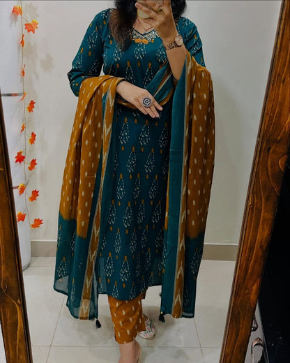Designer Ikkat Print with Kurti Pant & Dupatta Set