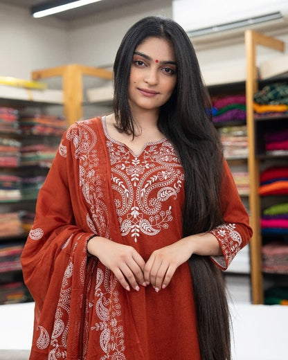 Cotton Printed Kurta Pant Dupatta Set With Embroidery