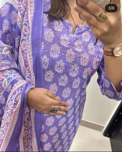Purple Floral Print Straight Kurta Set