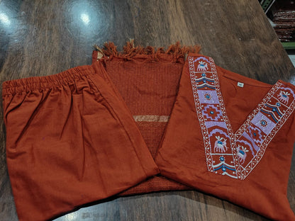 Orange Cotton Kurta Pant and Dupatta Set with Neck Work
