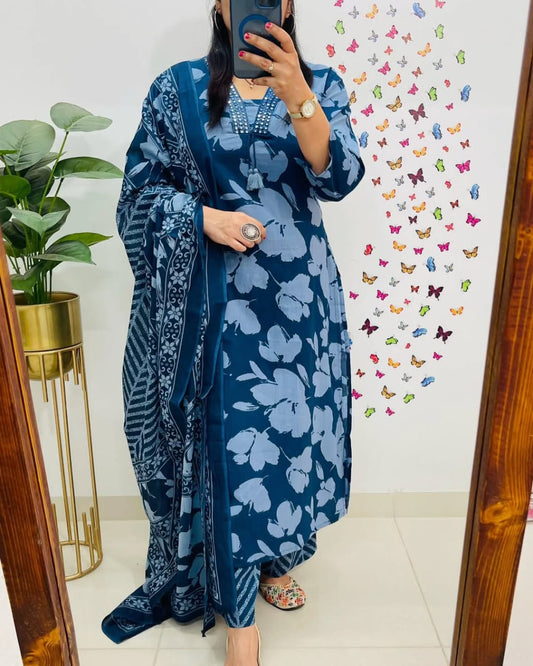 Designer Mughal/Kalamkari Fusion Floral Print Kurti Pant Dupatta Set
